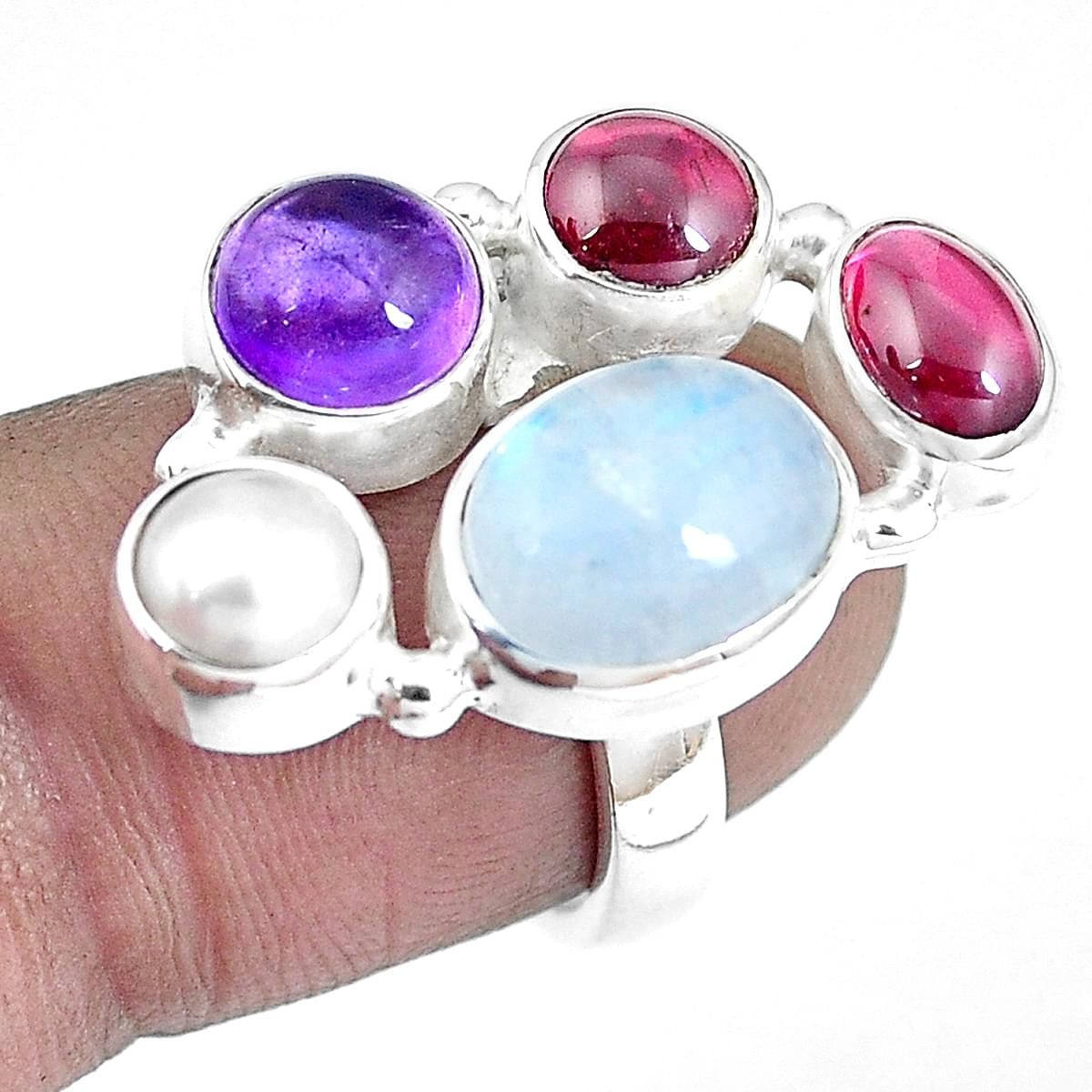 Natural Rainbow Moonstone and Amethyst silver ring